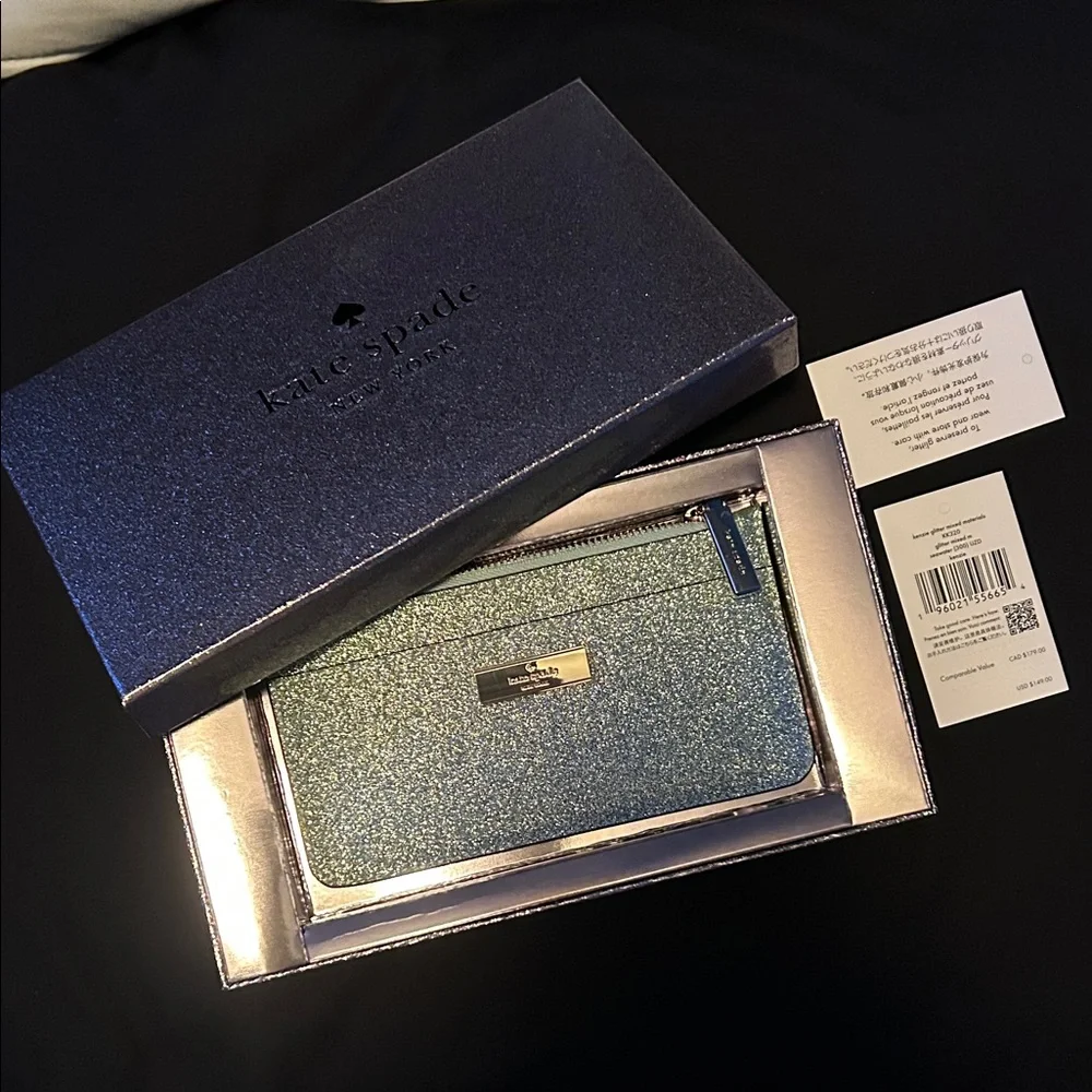 Kate Spade Seawater Green Kenzie Boxed Glitter Card Holder Wallet - Picture 9 of 15